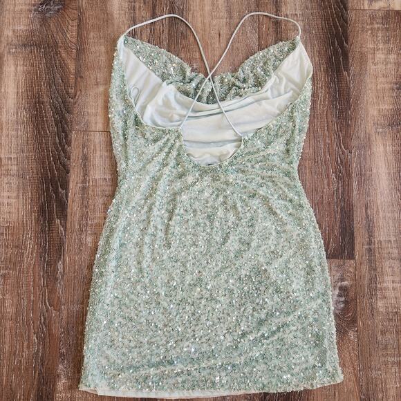 Retrofete Mich Sequin Mini Dress in Mint Aqua Green Small Beaded Sleeveless Cowl - Picture 6 of 12